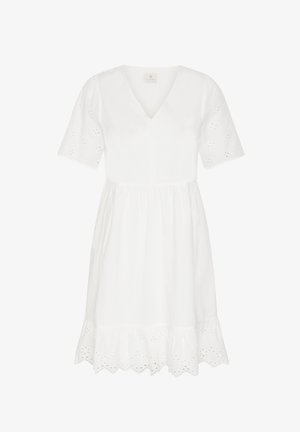 Hvid kortærmet kjole med V-hals, indsnævret talje, broderede blomsterudskæringer på ærmer og nederdel samt bølget kant i bunden.