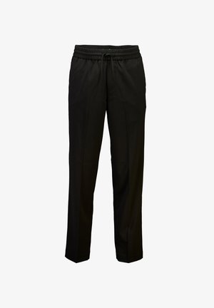 Pantaloni neri con cintura elastica e cordoncino regolabile. Realizzati in un tessuto liscio con design a gamba dritta e senza motivi visibili.
