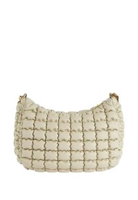 Borsa a pochette beige con texture e motivo trapuntato, caratterizzata da una forma curva e una chiusura in metallo color oro. Adatta per un uso quotidiano.
