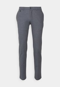 Pantalon ajusté en motif pied-de-poule gris foncé, doté d'une taille plate, de deux boutons de fermeture et de poches latérales avec une texture lisse.