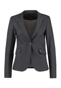 Grå blazer i slät tyg, enkel knäppning, spetsiga kragar, två framfickor och liten logotypdetalj nära höger ficka.