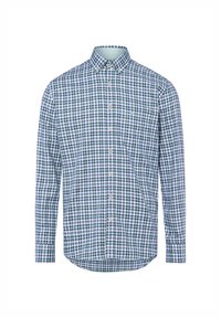 Langearm overhemd met knoopsluiting in een blauw-groen geruit patroon, voorzien van een kraag met knoopsluiting en een afgeronde onderkant. Gemaakt van katoen.