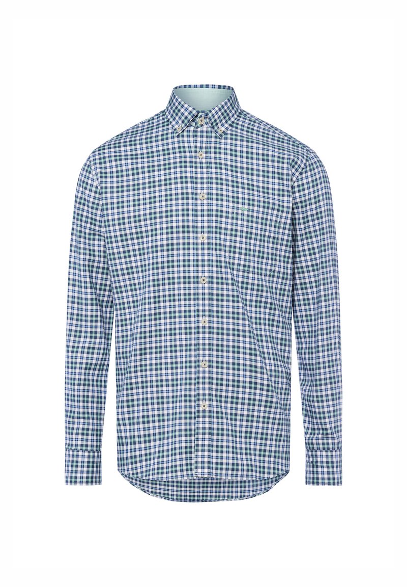 Langearm overhemd met knoopsluiting in een blauw-groen geruit patroon, voorzien van een kraag met knoopsluiting en een afgeronde onderkant. Gemaakt van katoen.