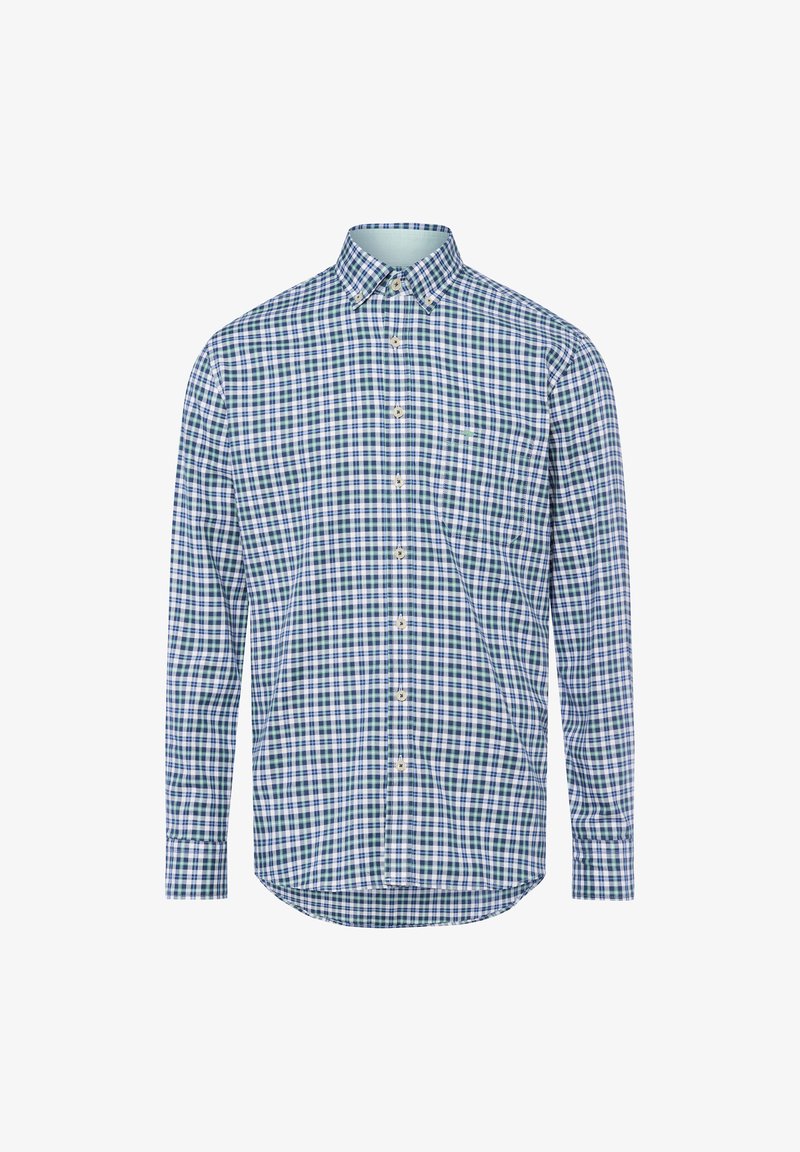 Langearm overhemd met knoopsluiting in een blauw-groen geruit patroon, voorzien van een kraag met knoopsluiting en een afgeronde onderkant. Gemaakt van katoen.