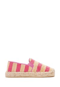 Geweven gestreepte espadrilles in beige en roze, met een instapontwerp, een gevlochten jute zool en gladde roze accenten langs de randen.