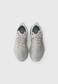 Une paire de chaussures de course grises claires avec des lacets beige et des semelles intermédiaires vertes, vues de dessus sur un fond blanc.