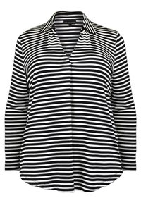 Gestreiftes Langarmhemd in Schwarz und Weiß mit Kragen, V-Ausschnitt und abgerundetem Saum. Hergestellt aus weichem, leichtem Stoff.