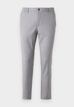 Graue Chinos aus einem glatten Stoff gefertigt, mit einem elastischen Bund, seitlichen Taschen und einem schlanken Schnitt.