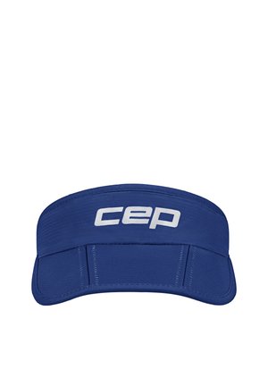 Blue sports visor with white "cep" logo centered on the front band and curved brim designed for outdoor activities.