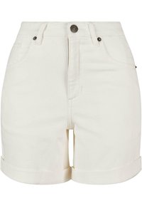 Pantalones cortos de mezclilla blanca con una cintura alta, presentan un cierre de botón, puños doblados y bolsillos frontales. Textura suave sin patrones.