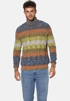 Mehrfarbiger Rollkragenpullover mit strukturierten Streifen in Blau-, Grün-, Orange- und Gelbtönen. Lockerer Sitz, gerippte Bündchen und Saum.