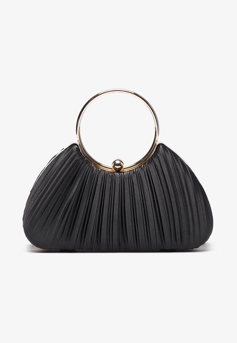 Sac à main plissé noir avec une poignée circulaire en or. Matériau texturé, forme arrondie, comportant une boule décorative centrale sur la poignée.