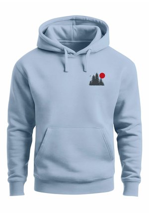 Light blue hoodie made of soft fabric, featuring a front kangaroo pocket. Design includes black tree silhouette and a red sun graphic.