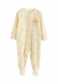 Gul bomullsbody för baby med långärmade ärmar, fotad design och utspridda kycklingmönster. Har en sydd kycklingdetalj och tryckknappar.