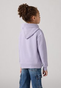 Felpa con cappuccio lavanda dal taglio comodo. Presenta polsini e orlo a costine, una finitura morbida e testurizzata, e un design semplice.