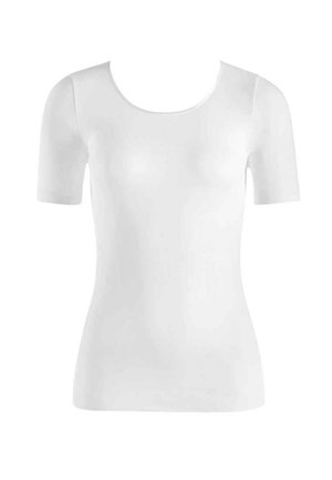 T-shirt bianco a maniche corte con scollo rotondo, realizzato in un tessuto liscio e elasticizzato. Design semplice senza fantasie o dettagli visibili.