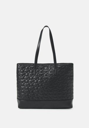 Sac cabas noir avec motifs en relief de tête de Mickey Mouse et deux bretelles, orné d'un petit embellissement argenté en forme de tête de Mickey.