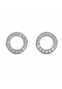 Orecchini in argento con un design circolare, caratterizzati da un grande cerchio esterno adornato con piccole gemme trasparenti attorno a uno spazio centrale vuoto.