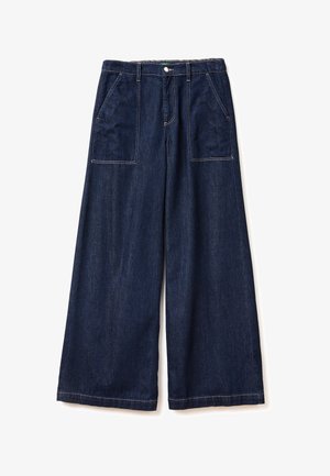 Weite Jeans mit tiefblauem Farbton, ausgestattet mit zwei Fronttaschen, einem Knopfverschluss und contrasting Nähten entlang der Säume.