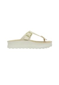 Sandali platform beige con una fascia testurizzata e una fibbia dorata. La suola presenta un motivo ondulato per aderenza e stabilità.