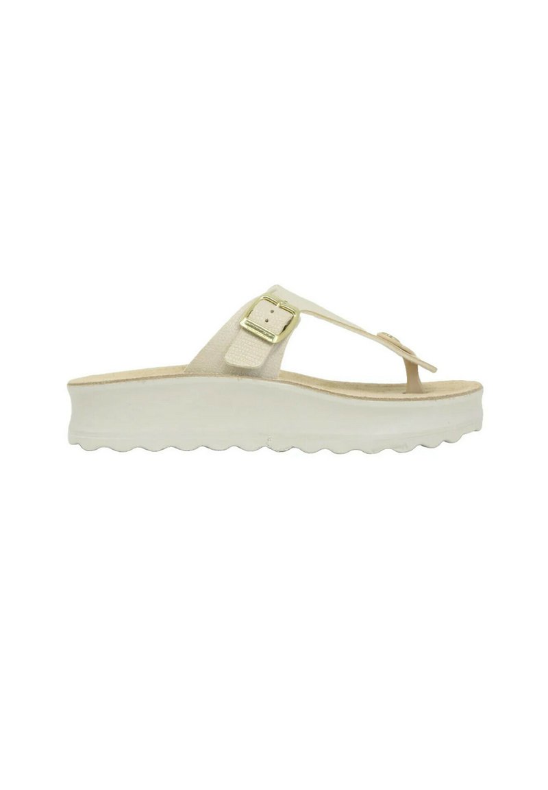 Sandali platform beige con una fascia testurizzata e una fibbia dorata. La suola presenta un motivo ondulato per aderenza e stabilità.