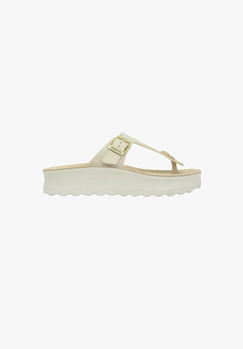 Sandali platform beige con una fascia testurizzata e una fibbia dorata. La suola presenta un motivo ondulato per aderenza e stabilità.