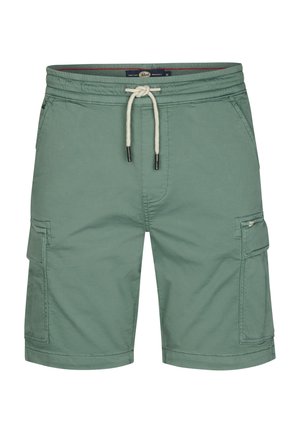 Shorts cargo verts en tissu léger, dotés d'une taille élastique avec cordon de serrage et de plusieurs poches de rangement.