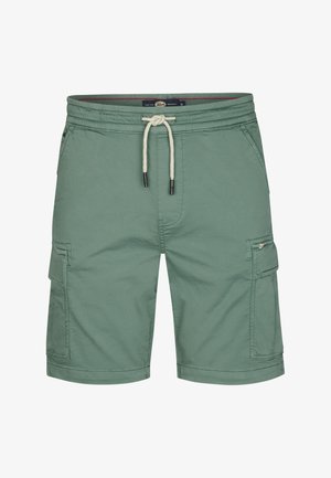 Vihreät cargo-shortsit, jotka on valmistettu kevyestä kankaasta. Niissä on joustava vyötärönauha nyörillä sekä useita taskuja säilytystarpeisiin.