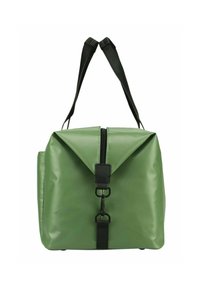 Sac étanche vert avec un design à rabat, fermeture éclair noire et quincaillerie, doubles sangles noires, texture lisse et intérieur spacieux.