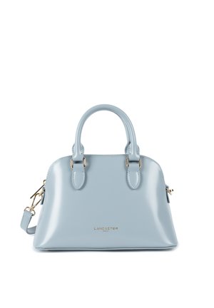 Light blue leather handbag with a structured shape, two top handles, gold hardware accents, and a detachable shoulder strap.
