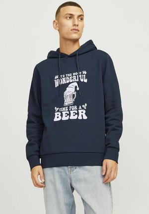 Navyblauer Hoodie aus einer Baumwollmischung mit einem Grafikdruck, der in Weiß "Es ist die schönste Zeit für ein Bier" liest.