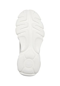 Semelle en caoutchouc blanche texturée d'une basket avec des rainures pour l'adhérence et un logo circulaire près du talon.