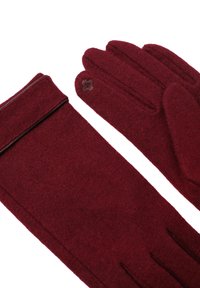 Burgundi színű gyapjú kesztyűk puha tapintással, csíkos mandzsettával és hímzett virágmintával az ujjak végén.
