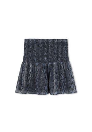 Jupe mini en denim smocké avec un motif peau de serpent bleu marine, tissu léger, bas évasé et taille élastique pour le confort.