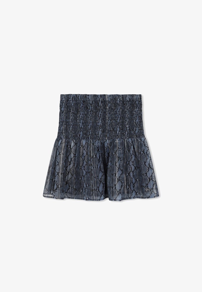 Jupe mini en denim smocké avec un motif peau de serpent bleu marine, tissu léger, bas évasé et taille élastique pour le confort.