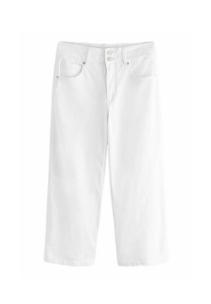 Witte denim cropped broek met een rechte pasvorm, voorzien van twee voorzakken, dubbele knoopsluiting en minimale stikdetails.
