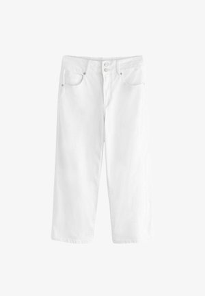 Weiße Denim-Cropped-Hosen mit geradem Schnitt, ausgestattet mit zwei Fronttaschen, doppeltem Knopfverschluss und minimalistischen Nähten.