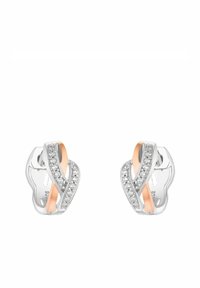 Orecchini in argento e oro rosa con design a spirale, impreziositi da piccole pietre trasparenti incastonate nell'argento.