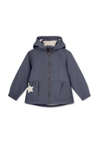 Marineblå hettejakke med beige fôr, glidelås, elastiske mansjetter og en hvit stjernedetalj på venstre frontside.