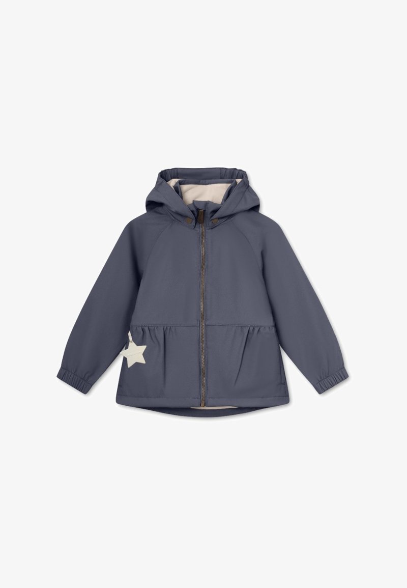 Navy blue hooded jacket with beige lining, zip closure, elastic cuffs, and a white star detail on the front left side.