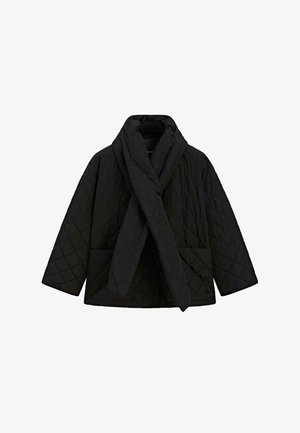 Giacca nera trapuntata con ampio collo, maniche lunghe e due tasche frontali, progettata per calore e stile.