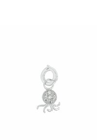 Ciondolo a forma di polpo in argento con corpo a sfera di cristallo scintillante e tentacoli dettagliati, appeso a un anello di chiusura circolare.