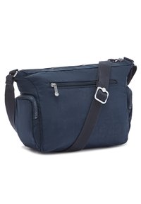 Borsa a spalla blu navy con tessuto testurizzato, dotata di apertura con zip, tasca frontale e tracolla regolabile per il trasporto.