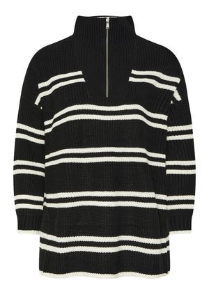 Zwart-wit gestreepte gebreide trui met hoge kraag en half-zip ontwerp; heeft een losse pasvorm en een gestructureerde stof.