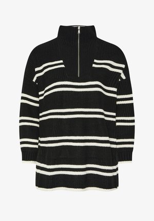 Gestreifter schwarz-weiß gestrickter Pullover mit hohem Kragen und Halb-Reißverschluss-Design; verfügt über eine lockere Passform und strukturierten Stoff.