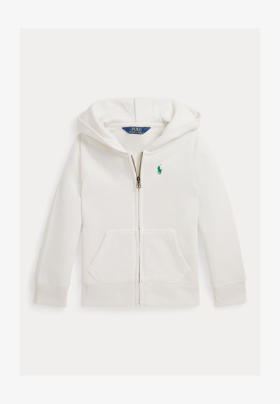 Sweatshirt branca de algodão com fecho à frente, dois bolsos frontais e um logótipo verde no lado esquerdo do peito. Apresenta um capuz forrado.