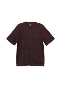 Short-sleeve T-shirt made of cotton with maroon and dark brown horizontal stripes, featuring a crew neck and relaxed fit.