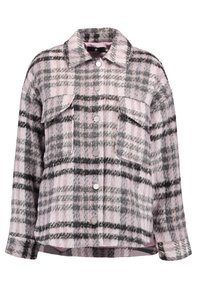 Rozig en grijs geruite button-up jas met grote borstzakken, kraag en lange mouwen, gemaakt van zacht textuurstof.