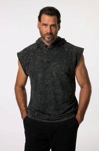 Mouwloze hoodie van donkergrijze stof, met een zachte textuur, een capuchon met een gedraaide afwerking en een klein logo op de borst.