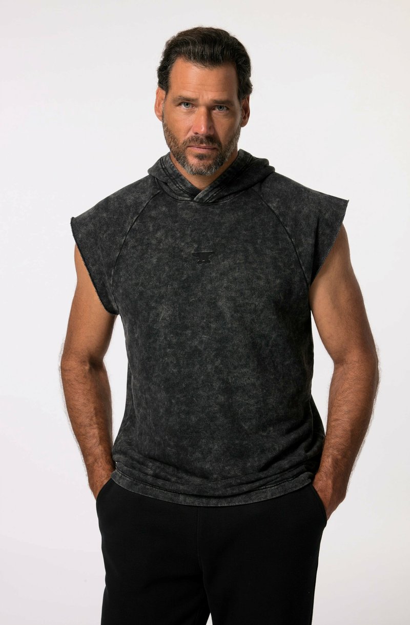 Mouwloze hoodie van donkergrijze stof, met een zachte textuur, een capuchon met een gedraaide afwerking en een klein logo op de borst.